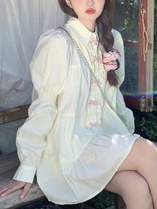 Sweet Bowtie Loose Long Sleeve Shirt Womens Spring Autumn Stylish Design Sense Midi Length Top Korean Style Commute Shirt