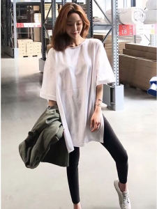 Womens Short-Sleeved T-shirt Long T-shirt Long Hip-Covering Tops Yoga Loose Workout Clothes Summer Running Sports Blouse