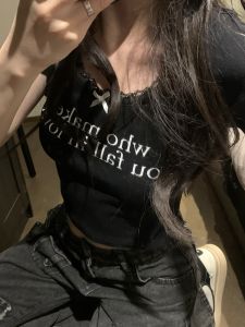 Silver Lotus Summer Short Sleeve T-Shirt Womens Printed Letter Lace Trim American Hot Girl Style Cotton Polyester Blend