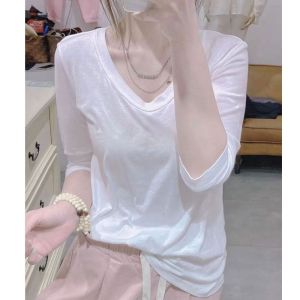 Summer New Arrival Loose-Fitting Lightweight Thin Breathable 3/4 Sleeve White V-neck T-shirt Womens Slimming Thin Pure Color Bottoming Shirt Tops
