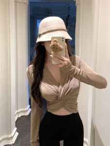 GUZILIAN | Spicy Girl Long Sleeve Slim Fit T-Shirt Womens Inner Wear Cross Knot Design Korean Style Commute V-neck Short Pure Desire Top