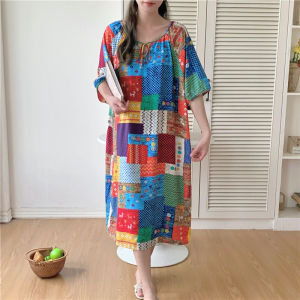 ชุดนอนผ้าไหมคอตตอนสไตล์จีนใหม่สำหรับผู้หญิง ฤดูร้อน 2024 ชุดนอนแขนยาวทรงหลวม กระโปรงยาวปานกลาง คอตตอนผสม