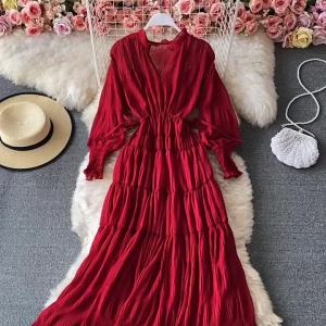 ♠Beach Resort Style Thailand Travel Bali Beach Ladies Elegant Temperament V-neck Chiffon New Big Swing DressD1106