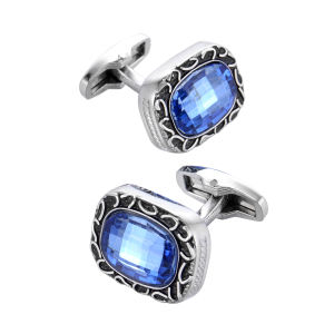 Vintage Pattern Blue Crystal Cufflinks for Men French Shirt Dress Cuff Links for Wedding & Formal Occasions