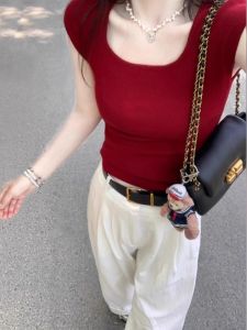 HUOLISI | Square-Necked Red Summer-Wear Slimming Base-Layer Cropped T-shirt