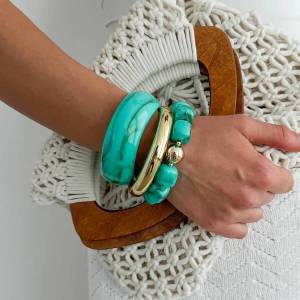 KunJoe 3Pcs/Set Vintage Boho Colorful Thick Resin Acrylic Smudging Bangle Geometric Stackable Cuff Bangle Bracelet Women Jewelry