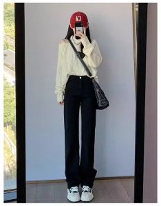 Deep Blue High Waist Wide Leg Jeans Womens Spring Autumn New Style Loose Slim Straight Floor-Length Trousers