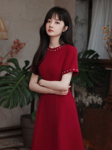 ชุดแต่งงานสีแดงวินเทจ ชุดราตรียาวปานกลางสไตล์เกาหลี ผ้าไนลอน กระโปรงทรงเอ ชุดทำงานสำหรับผู้หญิง ชุดงานเลี้ยง ชุดทำงาน