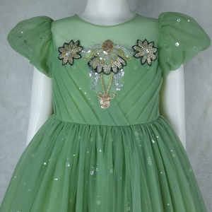 Big Joy Girls Formal Gown Elaina with Puff Sleeve with Sequins Flower Sage Green For Ages 4 to 10 Yrs old 563055
