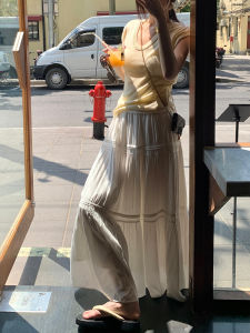 Summer 2025 Korean Style French Gentle Sweet Long Loose Cake Skirt Womens White Half-length Skirts Natural Waist Cotton Pure Color