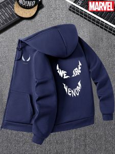 Mens White Zipper Hoodie with Venom Print on The Front and Black Symbiotic Character Design on The BackMarvel Casual Sportswear
