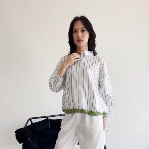 QUEENTIN Blouse Wanita Serut 0545 Katun Polymicro Motif Salur Lengan Panjang 7/8
