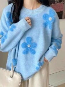 Áo Len Dệt Kim Dày Mềm Mại Màu Xanh Lam Cho Nữ Mùa Thu Đông Dài Tay Cổ Tròn Dáng Rộng Thoải Mái Mặc Thường Ngày