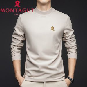 เสื้อยืดแขนยาวคอปกสูงสำหรับผู้ชาย Montagut เสื้อสเวตเตอร์ขนแกะสองด้านสีพื้นสไตล์เมืองฤดูใบไม้ร่วง/ฤดูหนาว