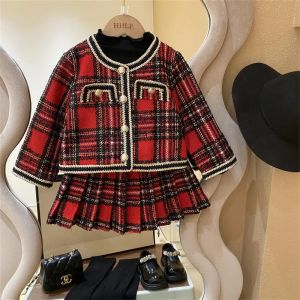 Party Girls Sets Fashion Plaid Top+Pleated Skirts 2Pcs Children Spring Autumn Princess Suit 2026 New Baby Thicken Warm Outfit