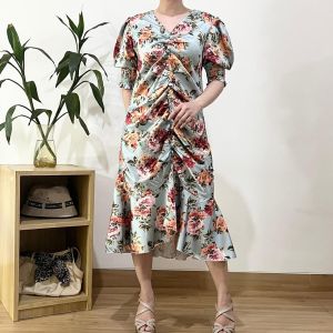 ●ECLAIRE● 003 Dress Midi Ruched Vneck Lengan Pendek Shortsleeves Motif Bunga Floral Flower Korea Pesta Kondangan Malam Feminim Classy Import 12567