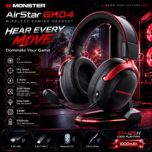 Monster | Monster GH04 Wireless Gaming Headphone 2.4G/Bluetooth 6.0 4-Mode 7.1 Surround Sound Esports Gaming Headset with Detachable Mic