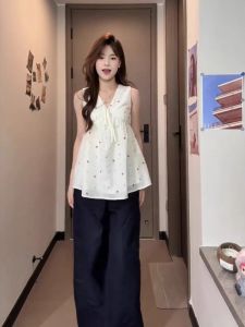 plus Size Floral Print V-Neck Tie Waist Vest Womens Summer Slimming Sleeveless Top French Style Gentle Wind Commute Style Loose Fit