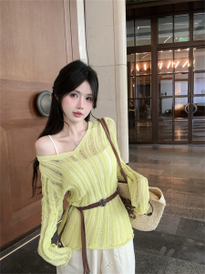 GUZILIAN | Spring Autumn Lazy Style V-Neck Long Sleeve Knitted Loose Fit Stripe Hollow Out Belted Sun Protection Shirt Korean Version Thin Model