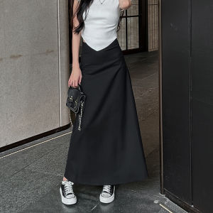 Gray Draped Suit Skirt Slimming Dress Womens Summer Thin Black High Waist Long Dress All-Matching A- line Skirt