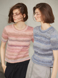 SOLWEIGE Premium Alpaca Knitted Sweater Womens Spring Summer Short Sleeve Striped Top Regular Fit round Neck Pullover