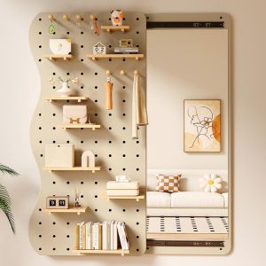 Solid Wood Wall Mounted Full Length Mirror with Hole Board Design Entryway Storage Rack Modern Simple Style Home Furniture