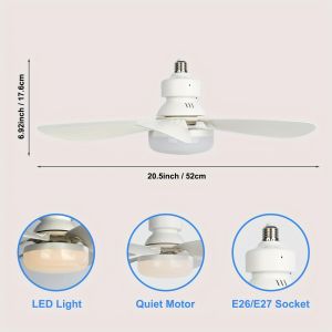 Socket Fan Light with Remote 20.5in Small Ceiling Fan with LED E26/27 Cordless Light Screw Fan for Kitchen Bedroom Small Room
