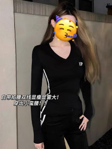 Áo Thun Nữ Cổ Chữ V Dài Tay Ôm Vừa Vặn Thời Trang Xuân Mùa Xuân Màu Đen Áo Lót Cơ Bản Thường Ngày Chất Liệu Polyester