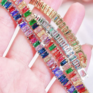 SEQUITO Fashion Costume Jewellery Inlay Multicolor Baguette Cut AAAAA Cubic Zirconia Gold Color Silver Plated Personality Women Pageant Bracelet Bangle B301