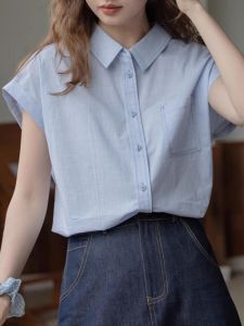 เสื้อเชิ้ตแขนสั้นผู้หญิงฤดูร้อน ทรงหลวม ลายสก็อตสีฟ้าอ่อน ดีไซน์เรียบง่าย สไตล์สตรีท สำหรับใส่ไปทำงาน