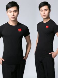 Black Short Sleeve Latin Dance Shirt Mens Practice Uniform Square Dancing Exercise Clothing Cotton round Neck for Various Dances