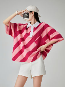 XIAODADEHUA | Stripe Color-block Irregular Polo Collar Short Sleeve T-shirt