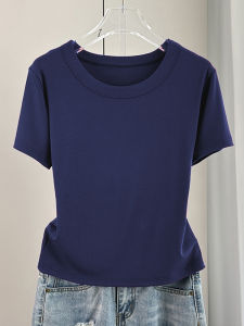 Cotton Short Sleeve T-Shirt Women Summer Pure Color round Neck Slim Fit Bony Tight Half Sleeve Top Korean Style Commute Fashion