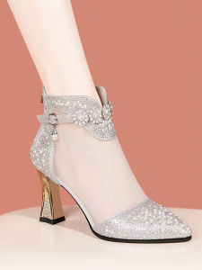 Rhinestone High-Heeled Mesh Sandal Boots Womens Summer New Arrival Pointed Toe Fashionable Mesh Boots for Cheongsam Closed Toe Cut Out Sandals