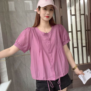 เสื้อเชิ้ตผู้หญิงแขนสั้นหลวมๆ คอตั้ง สไตล์เกาหลี ทรงปกติ ผ้าคอตตอนผสม 95% เสื้อเชิ้ตผู้หญิงฤดูร้อน 2023