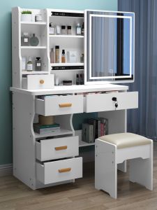 QUANU-Integrated Vanity Dressing Table Set With LED Mirror Bedroom Makeup Table With Chair Meja Solek Drawer Storage Makeup Comestic Tables set MakeupTable Girl Gift 化妆桌/梳妆台