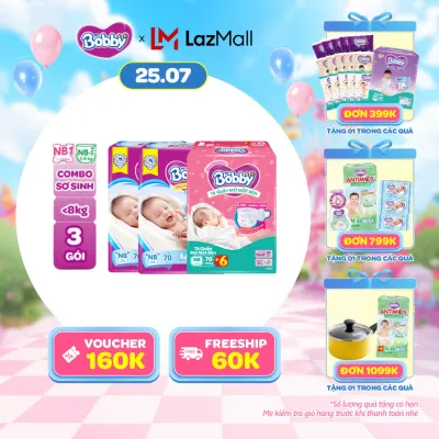[SALE CUỐI THÁNG QUÀ TO][TẶNG MIẾNG NGẪU NHIÊN] Combo sơ sinh gồm 02 gói Tã dán Bobby NB70 miếng và 01 gói Tã quần mở một bên NB-S 74 miếng