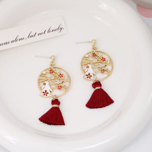 Silver Needle Chinese Style Retro Cat Ear Drop Oil Asymmetric Floral Fan Earrings Fashionable Asymmetrical Design Jewelry