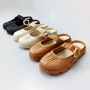 Wolf.id SPT-63 Sandal Sepatu Wanita Cewek Mules Slip On Kerut Gesper Bunga Woman Korea Shoes Kekinian BISA COD