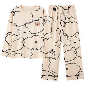 Miiow | Pure Cotton Long Sleeve Sleepwear Womens Spring Autumn Thin Home Clothes Set With Chest Pad Casual Style Comfortable Home Leisure Wear