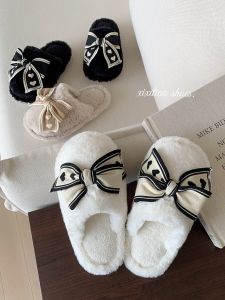Butterfly Knot Cotton Slippers Womens Home Warm Furry Postpartum Shoes Winter Cozy Sweet Style Indoor Slippers PVC Sole