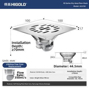 HIGOLD | Odor-Preventing Pest-Repelling Square Floor Drain