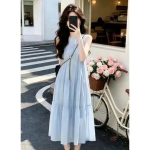SENWA | French Style Blue Sleeveless Maxi Dress