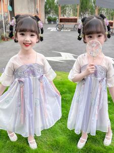 ฤดูร้อน เจ้าหญิง เดรส สไตล์จีน ชุดฮั่นฝู เด็ก เดรส เด็กทารก เสื้อผ้าเด็กผู้หญิงสไตล์เทพนิยาย V คอ Midi เดรส ซิป ปิด