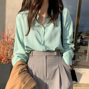 Spring Summer New Long Sleeve Chiffon Womens Shirt Loose Slimming Mint Green Casual Top Korean Style POLO Collar Button Detail