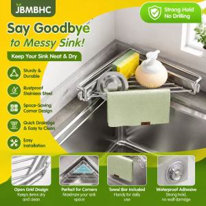 JBMBHC Kitchen Sink Organizer Rack 304 Stainless Steel Sponge Holder Drain Basket Faucet Dishcloth Scrubber Storage Rustproof Multifunctional