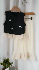 Humor Bear Summer Girls Suits Cool And Comfortable Lace Hem Tank Bow Trim Top+Pants 2 Piece Set Cute Kids Clothing Sets