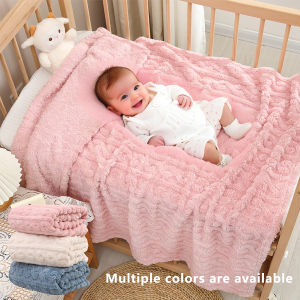 1 Coral Fleece Blanket for Babies and Children - Ultra Soft Striped Warm Parabolic Design All-Season Bedding Suitable for Nursery Infants Toddlers and Teenagers (White/Pink/Blue) Nap Blanket Essential for a Cozy Bedroom Soft Plain Fabric Comfor...
