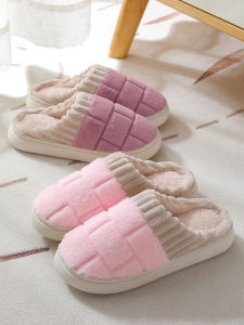 Warm Cotton Slippers Womens Winter Home Couple Anti-Slip Simple Style Indoor Outdoor Universal Use Low Heel Home Shoes