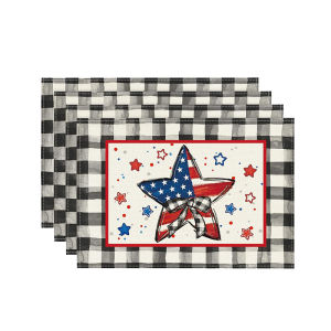 VIKAMA 2/4/6PC 4th of July Placemats Set Patriotic Star Stripes Buffalo Plaid Independence Day Summer Party Table Decor